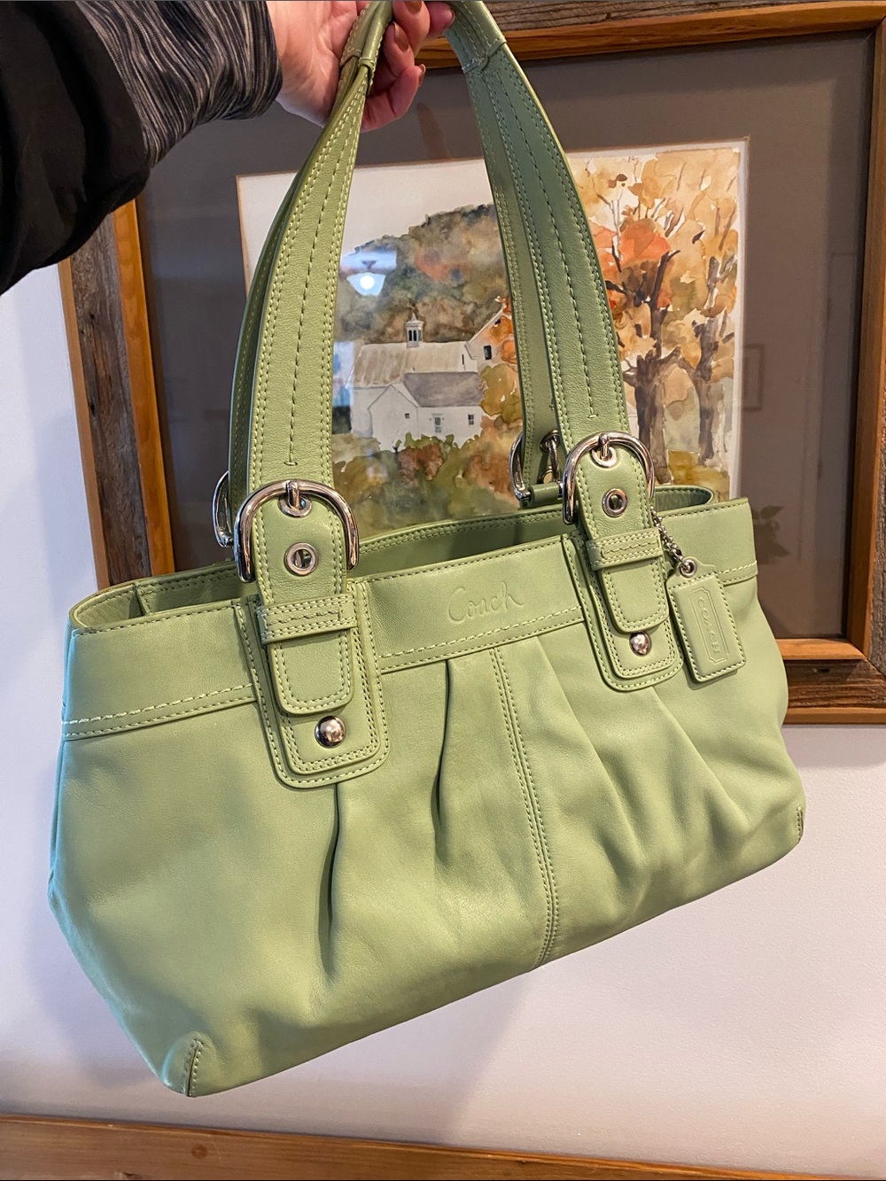 Coach Shoulder Leather Bag Purse Green F13732 Silver Colored Hardware